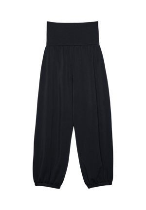Pantaloni neri, ampi, con una larga fascia elastica in vita, polsini affusolati e una texture liscia del tessuto. Progettati per il comfort e la libertà di movimento.