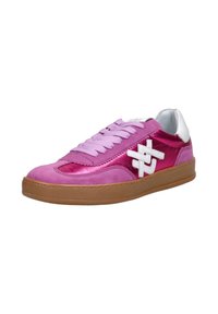 Pink sneakers with a mix of matte and shiny textures, featuring a white logo and laces, complemented by a brown rubber sole.