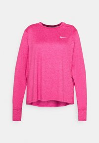Pitkähihainen urheilupaita kirkkaan vaaleanpunaisesta kankaan heather-tyyppisestä materiaalista. Ominaisuuksiin kuuluu pyöreä kaula-aukko ja pieni valkoinen Nike-logo rinnassa.