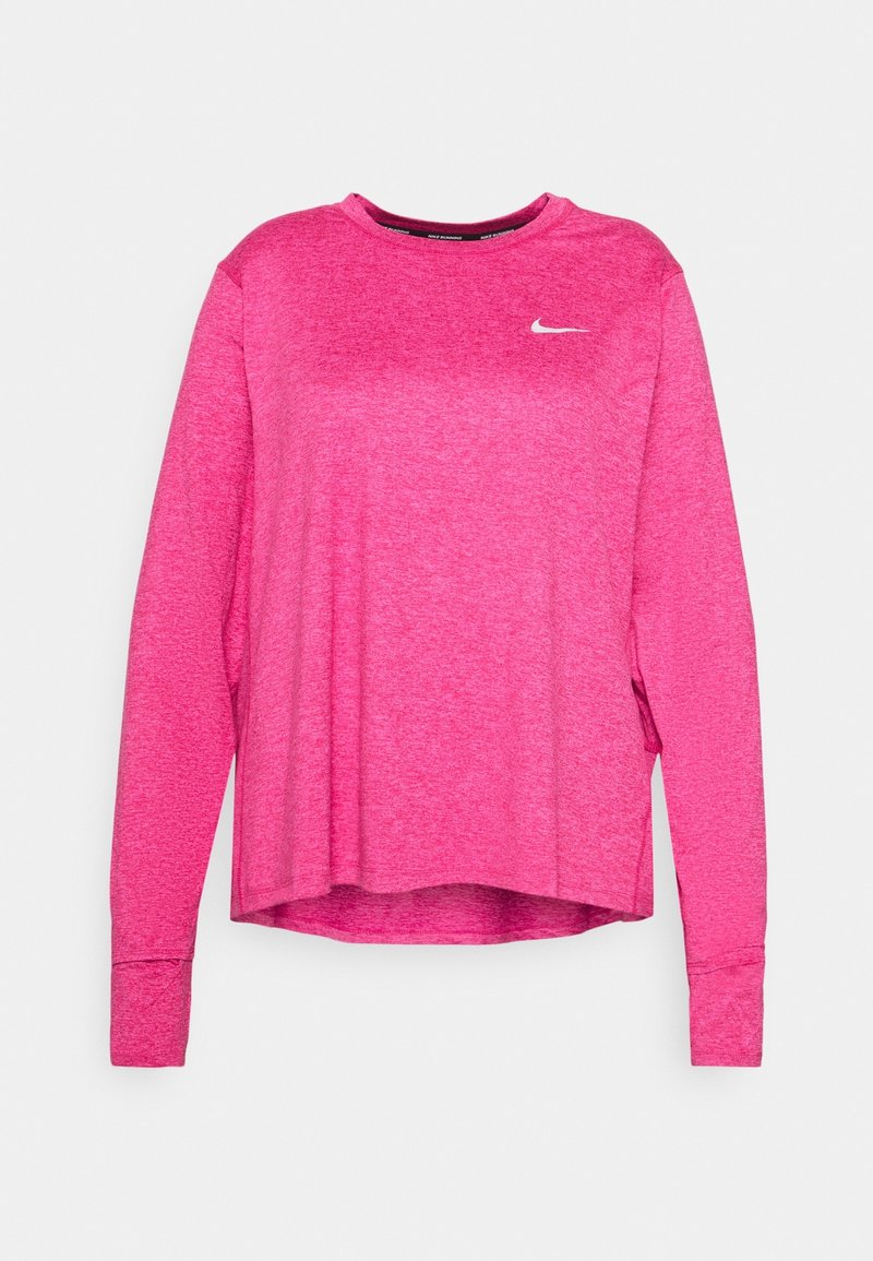Pitkähihainen urheilupaita kirkkaan vaaleanpunaisesta kankaan heather-tyyppisestä materiaalista. Ominaisuuksiin kuuluu pyöreä kaula-aukko ja pieni valkoinen Nike-logo rinnassa.