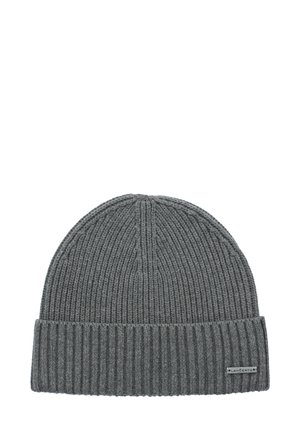 Szary dzianinowy beanie o żebrowanej teksturze i złożonym mankiecie, z małą metką marki po bokach.