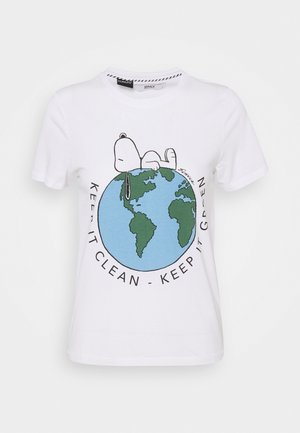 Weißes Baumwoll-T-Shirt mit einer Grafik von Snoopy, der auf einem grünen und blauen Globus liegt, mit dem Text "KEEP IT CLEAN - KEEP IT GREEN."