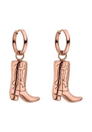 Roségold Creolen mit hängenden Cowboy-Stiefel-Anhängern mit gravierter dekorativer Naht.