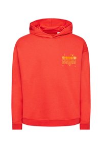 Felpa con cappuccio rossa realizzata in tessuto morbido, con una stampa grafica gialla sul lato sinistro del petto e polsini e orlo a coste.