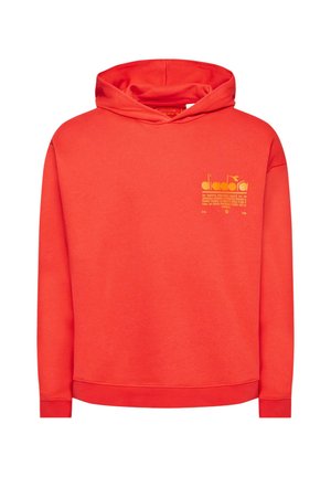 Felpa con cappuccio rossa realizzata in tessuto morbido, con una stampa grafica gialla sul lato sinistro del petto e polsini e orlo a coste.