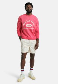 Felpa rosa con testo bianco, pantaloni corti crema, calze a righe e sneaker con dettagli verdi. Sfondo semplice senza ulteriori dettagli.