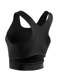 Reggiseno sportivo nero con una trama liscia, caratterizzato da un design con schiena a corsetto, spalline larghe e un elastico inferiore per il supporto.