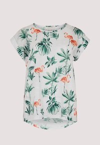 Chemise blanche à manches courtes avec un motif tropical de feuilles vertes et de flamants roses, col rond et coupe décontractée.