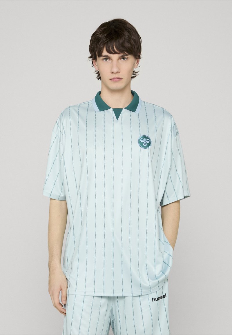 Polo à manches courtes bleu clair avec des rayures verticales, col vert et logo sur le côté gauche de la poitrine. Tissu doux et lisse avec une coupe décontractée.