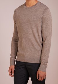 Maglione marrone a maglia con colletto rotondo, maniche lunghe e polsini e orlo a coste; realizzato in un tessuto morbido e strutturato. Abbinato a pantaloni scuri.