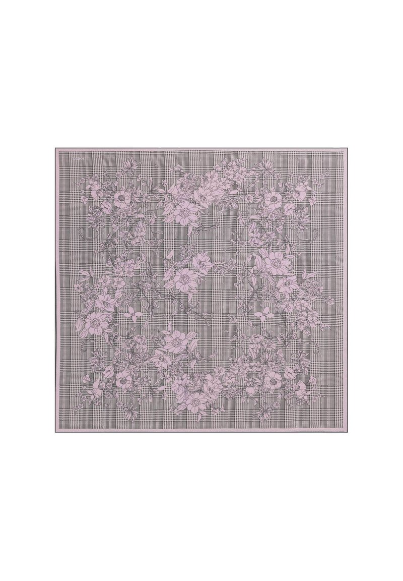 Floral-patterned scarf featuring pink flowers on a black and white checkered background. Satin finish; rectangular shape with a narrow border.