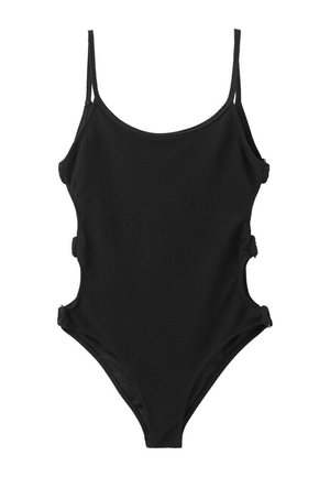 Bañador negro de una pieza con tirantes finos y tres recortes laterales conectados por lazos de tela.