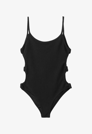 Czarny jednoczęściowy kostium kąpielowy z cienkimi ramiączkami na ramiona i trzema bocznymi wycięciami połączonymi pętlami z tkaniny.