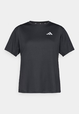 T-shirt de sport noir à manches courtes en tissu léger. Présente un logo argenté contrastant sur le devant et un col rond.