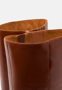 Bottes en cuir marron avec une surface lisse et une légère brillance. Doublure intérieure d'une couleur beige clair. Détails zippés à l'arrière.