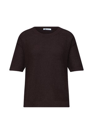 Pull tricoté marron foncé à manches courtes avec encolure ronde et motif texturé, étiqueté "Street One" à l'intérieur du col.