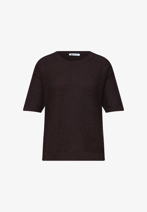 Donkerbruine gebreide trui met korte mouwen, ronde hals en een gestructureerd patroon, met het label "Street One" aan de binnenkant van de kraag.