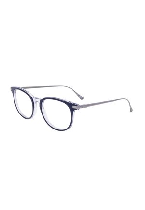 Occhiali da vista rotondi con montatura in plastica trasparente e blu scuro e aste sottili in argento su sfondo bianco.