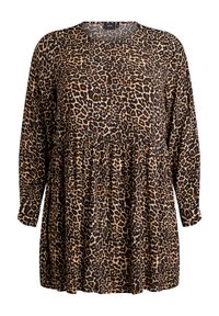 Haljina dugih rukava s leopard uzorkom u smeđoj i crnoj boji, s naglašenim pojasom i okruglim izrezom. Mekana tkanina s opuštenim krojem.
