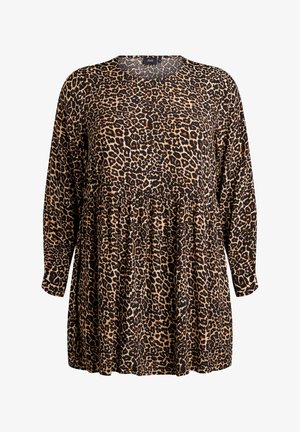 Oblačilo z dolgimi rokavi v leopardjem vzorcu, v rjavi in črni barvi, s сгоmобranim pasom in okroglim izrezom. Mehka tkanina s sproščenim krojem.