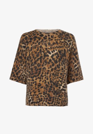 Maglione con stampa leopardata, caratterizzato da maniche corte, scollo rotondo e una finitura morbida e testurizzata nei colori marrone, beige e nero.