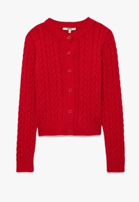 Rote Strickjacke mit einem Zopfmuster, Rundhalsausschnitt und Knopfverschluss. Gerippte Bündchen und Saum sorgen für Textur und Struktur.