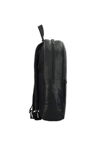 Black backpack with a textured leather finish, slim profile, top zipper closure, mesh back panel, and side zip pocket for storage convenience.