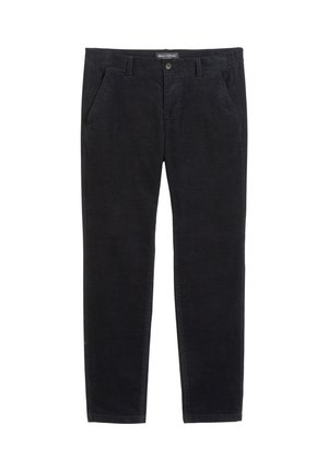 Black corduroy trousers with a straight fit, featuring a button closure, belt loops, and two side pockets. Smooth texture with visible ribs.