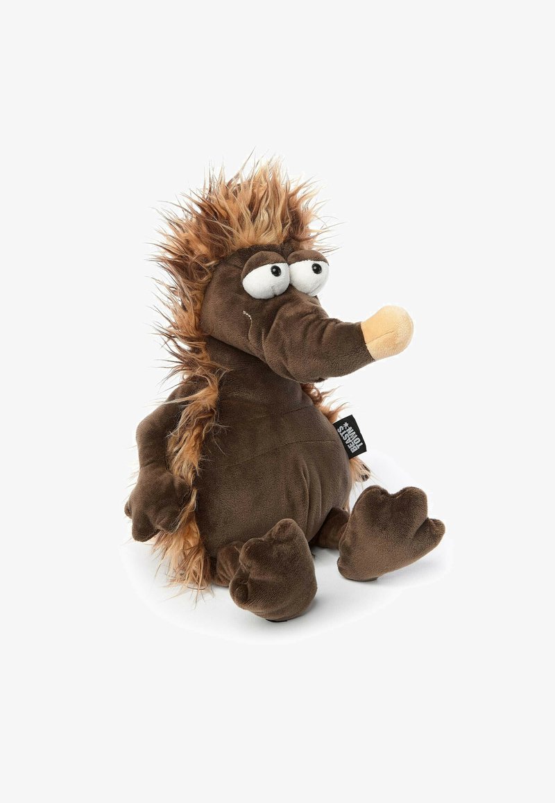 Brown plush toy with a soft, rounded body, short limbs, and a long snout. Features spiky brown fur on top and large white eyes.