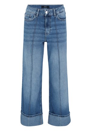 Lichtblauwe denim wijde jeans met hoge taille, onafgewerkte zoom, zijzakken en zichtbare stikseldetails.
