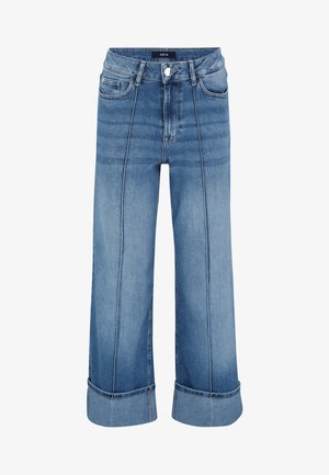Helle blaue Denim-Hose im weit geschnittenen Stil mit hoher Taille, rohem Saum, Seitentaschen und sichtbaren Nähten.