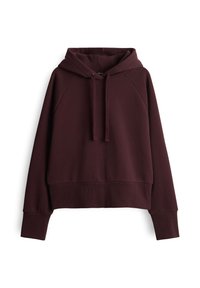 Hoodie di un colore bordeaux scuro con maniche lunghe, tasca frontale e cordoncini, posato su uno sfondo bianco.