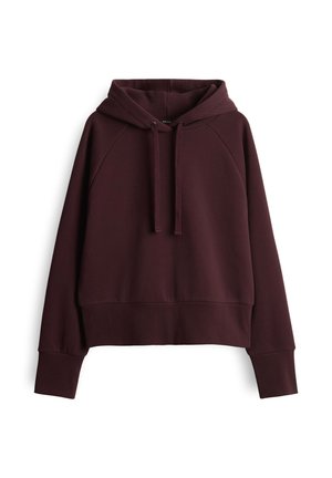 Donker bordeauxrode hoodie met lange mouwen, voorzak en koordjes, plat gelegd op een witte achtergrond.