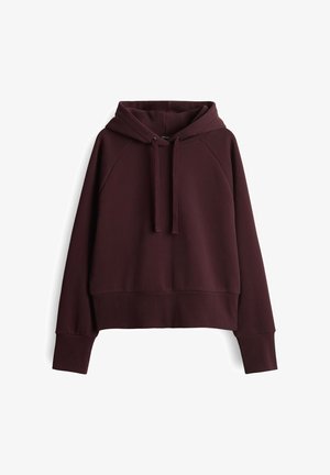 Dunkelburgunderfarbener Hoodie mit langen Ärmeln, frontaler Tasche und Kordelzügen, flach auf einem weißen Hintergrund ausgelegt.
