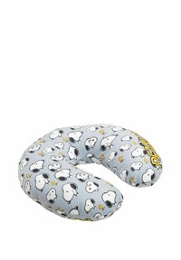 Cuscino per il collo a forma di U, rivestito in tessuto blu chiaro con design di Snoopy, con la scritta gialla "PEANUTS" e dettagli neri.