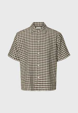 Chemise à manches courtes avec un motif à carreaux marron et blanc, boutonnée à l'avant, avec un col classique sur un fond uni.