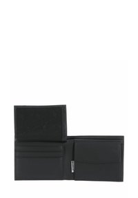 Portefeuille en cuir noir avec plusieurs emplacements pour cartes et une fenêtre ID transparente, présentant une texture lisse et un design minimaliste.