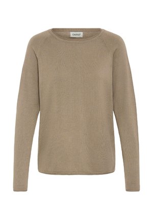 Light brown long-sleeve sweater made of soft fabric, featuring a rounded neckline and ribbed texture. Simple, unembellished design.