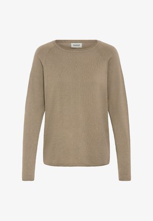 Light brown long-sleeve sweater made of soft fabric, featuring a rounded neckline and ribbed texture. Simple, unembellished design.