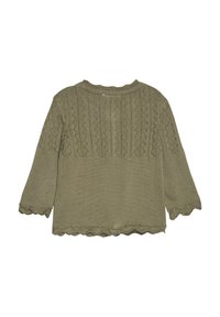 Olivgrüner Strickpullover mit einem strukturierten Muster im oberen Bereich, gewelltem Saum und ärmellangen drei Viertel Ärmeln.