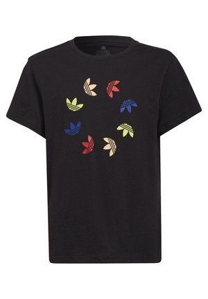 Czarny t-shirt z krótkim rękawem z okrągłym wzorem kolorowych logo Adidas trefoil w kolorach czerwonym, niebieskim, zielonym i beżowym z przodu.