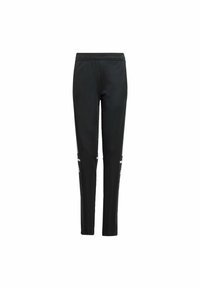 Czarne sportowe spodnie o dopasowanym kroju, z elastycznym pasem i dwoma białymi pasekami po obu stronach. Gładka tekstura i lekki materiał.