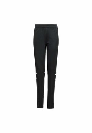 Czarne sportowe spodnie o dopasowanym kroju, z elastycznym pasem i dwoma białymi pasekami po obu stronach. Gładka tekstura i lekki materiał.