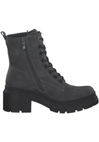 Grijze veterschoenen tot de enkel met een zijrits. Gemaakt van gestructureerd leer, met een chunky hak en een robuuste rubberen zool.