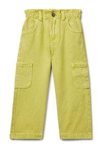 Žluté cargo kalhoty z odolné tkaniny, s elastickým pasem, dvěma bočními kapsami a volným střihem.