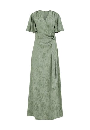 Robe portefeuille verte à motif floral avec manches courtes volantées, encolure en V et ceinture nouée à la taille descendant sur la jupe.