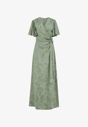 Robe portefeuille verte à motif floral avec manches courtes volantées, encolure en V et ceinture nouée à la taille descendant sur la jupe.