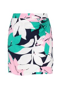 Blommig kjol med stora vita, gröna och rosa bladmönster på en marinblå bakgrund. Slät tyg, knälång, med en draperad detalj på sidan.