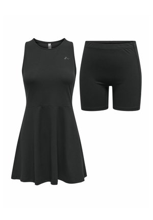 Juodas sportinis suknelė su prigludusia liemene ir plačiu sijonu, derinama su atitinkančiais juodais šortais. Pagaminta iš minkštos, elastingos medžiagos.