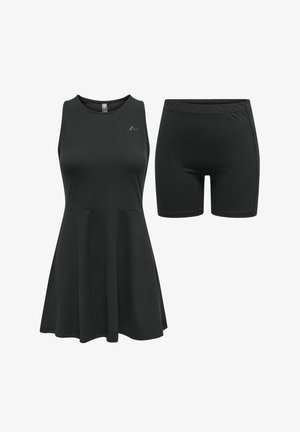 Juodas sportinis suknelė su prigludusia liemene ir plačiu sijonu, derinama su atitinkančiais juodais šortais. Pagaminta iš minkštos, elastingos medžiagos.